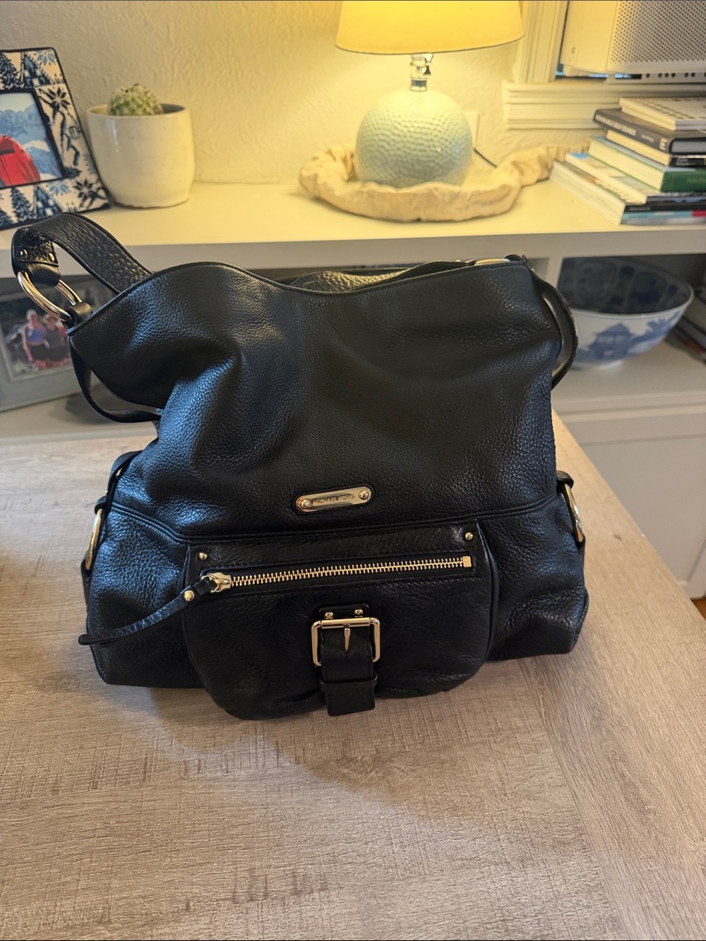 Michael Kors Black Pebbled Leather Shoulder Bag with Gold Hardware
